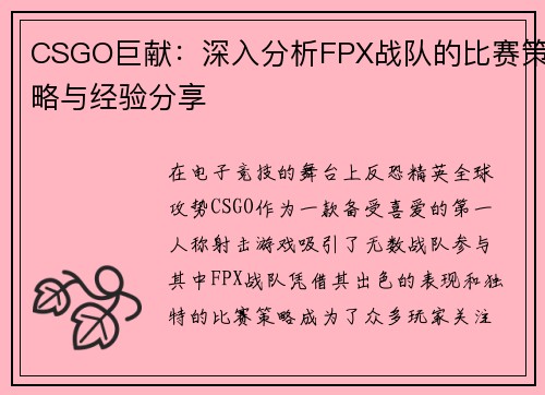 CSGO巨献：深入分析FPX战队的比赛策略与经验分享