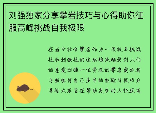 刘强独家分享攀岩技巧与心得助你征服高峰挑战自我极限